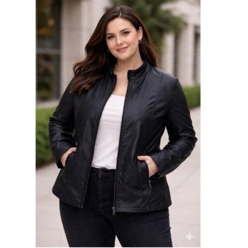 Plus size black leather jacket that hugs the body beautifully