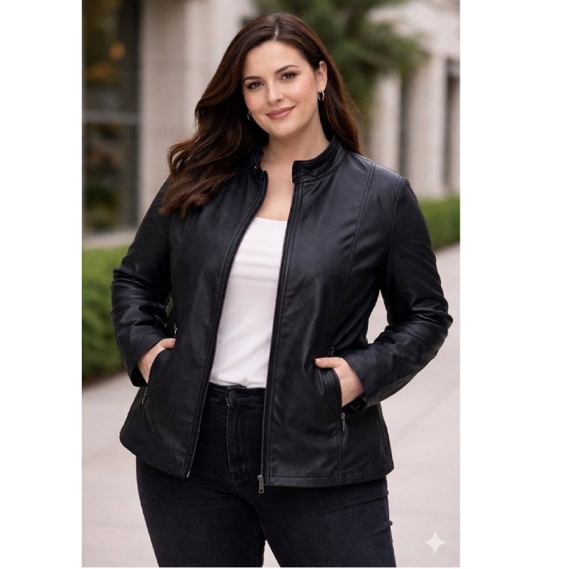 Plus size black leather jacket that hugs the body beautifully