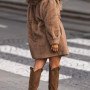 Knee length faux fur coat hooded beige 