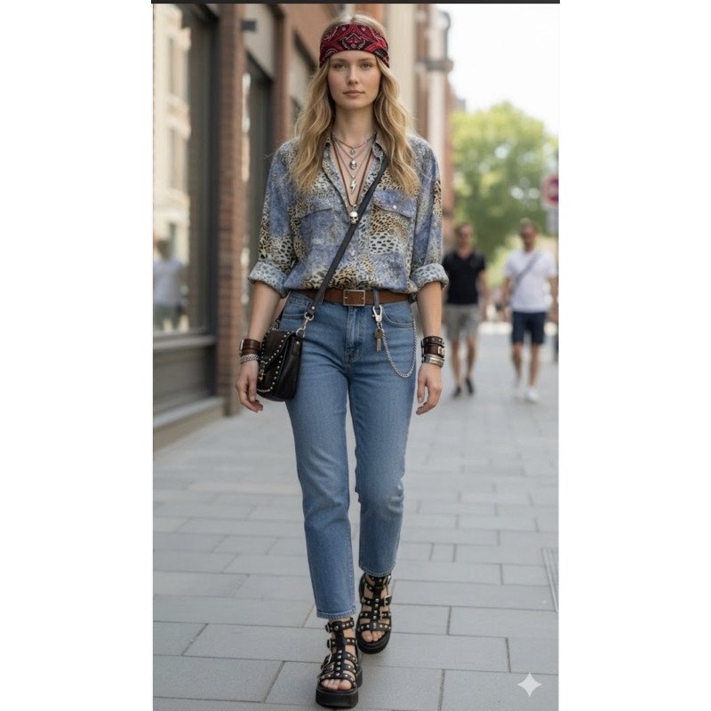 Animal Print Shirt with Denim Tones