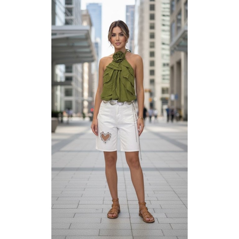 High-Waisted White Denim Bermuda Shorts with Rhinestone Cut-Out Heart