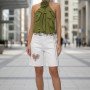High-Waisted White Denim Bermuda Shorts with Rhinestone Cut-Out Heart