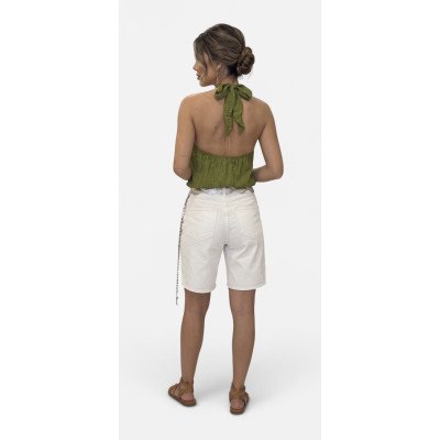 Halter Neck Top with 3D Flower Detail & Tiered Ruffles Green Olive