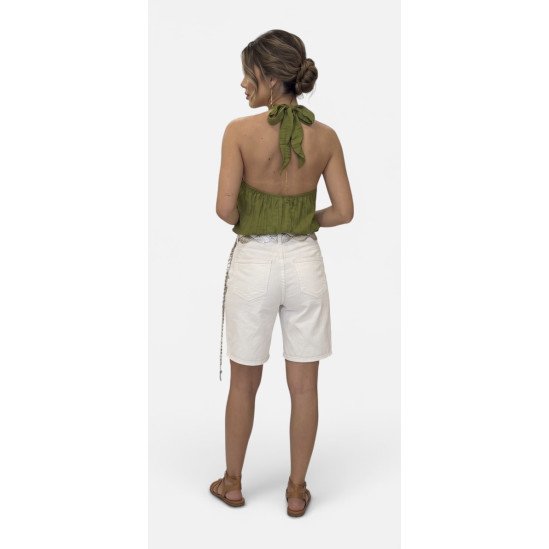 High-Waisted White Denim Bermuda Shorts with Rhinestone Cut-Out Heart