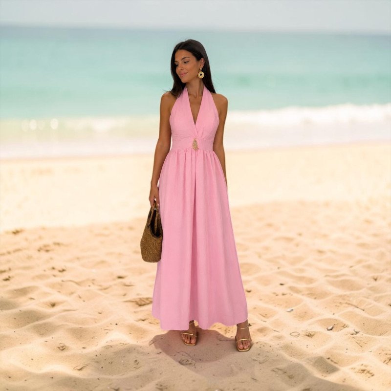 Maxi Lurex Halter Neck Dress with Open Back &  Buckle - Pink