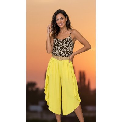 High-Waisted Asymmetric Draped Culottes Yellow