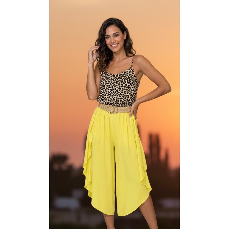 High-Waisted Asymmetric Draped Culottes Yellow