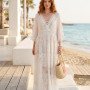 Lace Maxi Kaftan Dress with Embroidered Details & V-Neckline - White