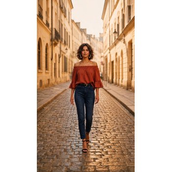 Off-the-Shoulder Top with Ruffled Sleeves - Terracotta