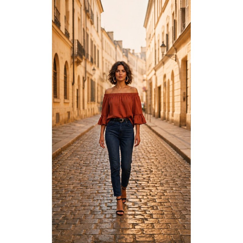 Off-the-Shoulder Top with Ruffled Sleeves - Terracotta