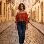 Off-the-Shoulder Top with Ruffled Sleeves - Terracotta