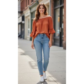 Off-the-Shoulder Top with Ruffled Sleeves - Terracotta