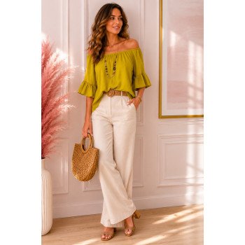 Off-the-Shoulder Top with Ruffled Sleeves - Mustard Yellow
