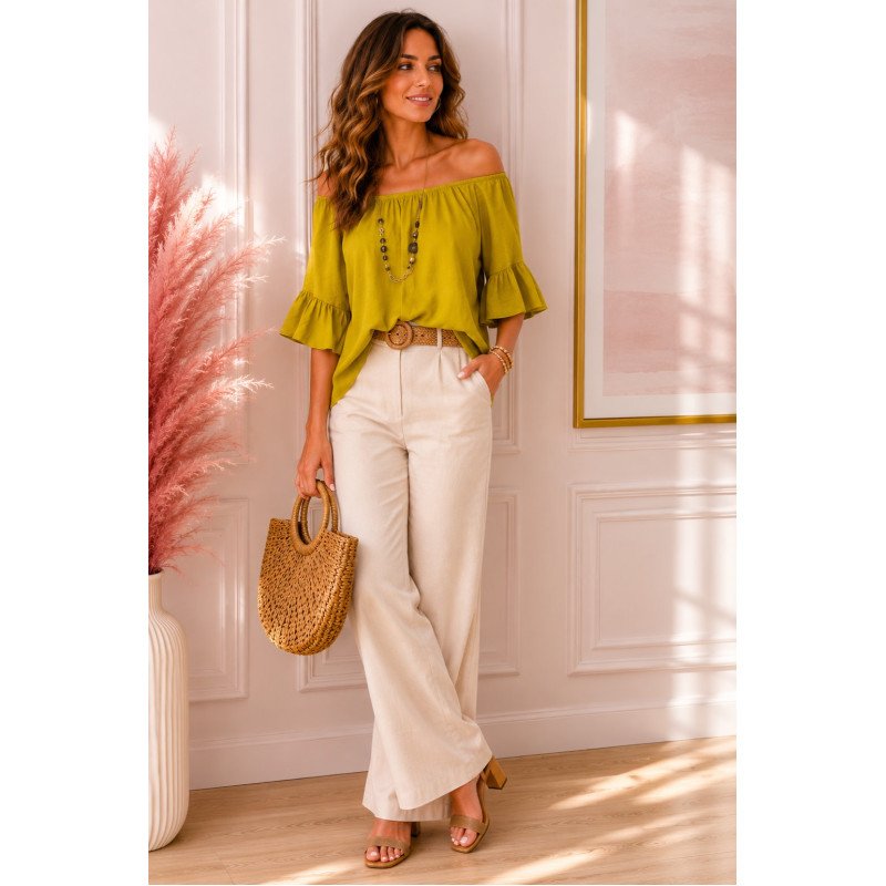 Off-the-Shoulder Top with Ruffled Sleeves - Mustard Yellow