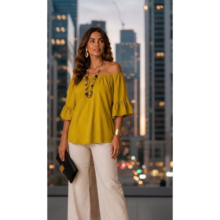 Off-the-Shoulder Top with Ruffled Sleeves - Mustard Yellow