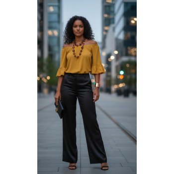 Off-the-Shoulder Top with Ruffled Sleeves - Mustard Yellow