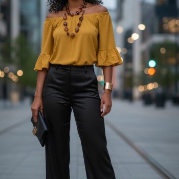 Off-the-Shoulder Top with Ruffled Sleeves - Mustard Yellow