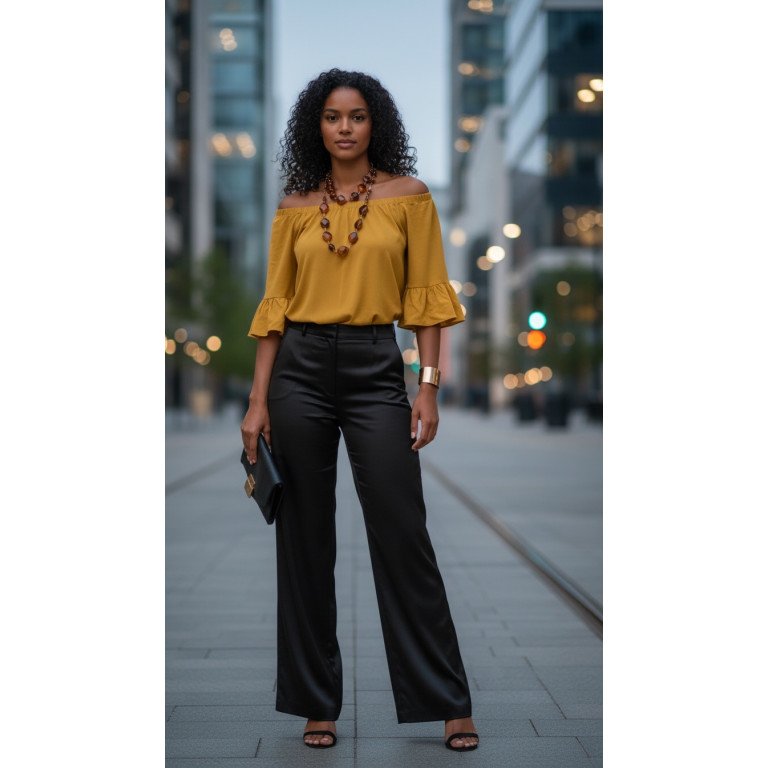 Off-the-Shoulder Top with Ruffled Sleeves - Mustard Yellow
