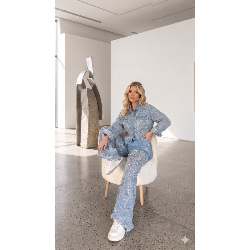 Aria High-Waisted Wide-Leg Embroidered Denim Trousers