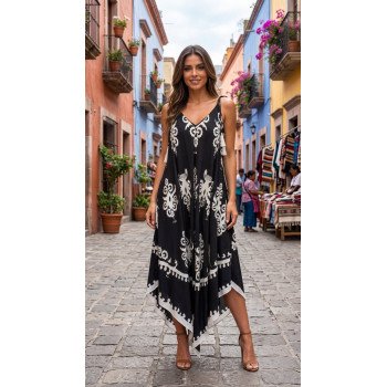Black Boho Asymmetric Maxi Dress with Ethnic Print