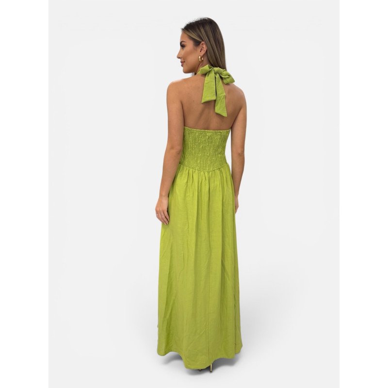 Maxi  Halter Neck Dress with Open Back & Buckle - Lime Green