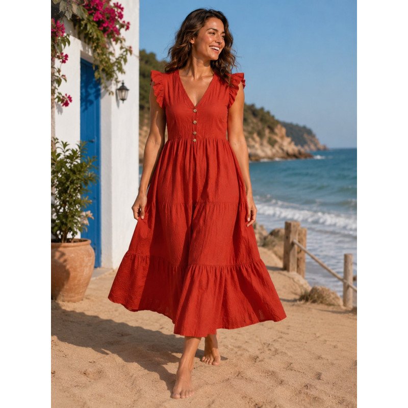 Boho Maxi Dress with Ruffle Sleeves - Terracotta